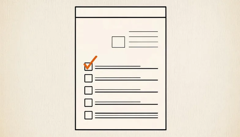 Ink illustration for Career Lab: a resume sheet with a checklist, one tick marked in burnt orange