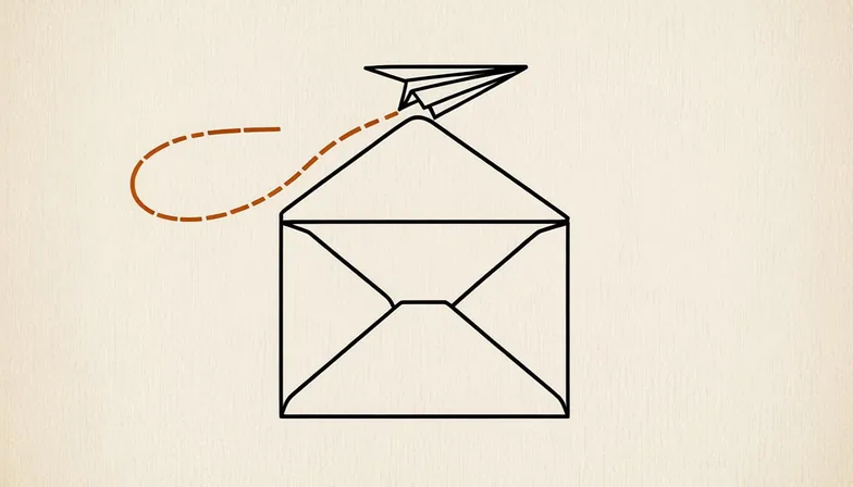 Ink illustration for Content Lab: a paper plane taking off from one open envelope
