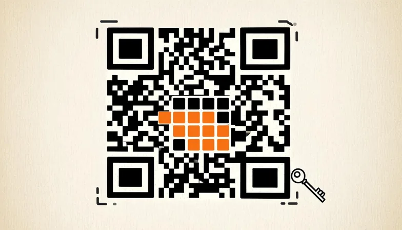 Ink illustration for Dev Tools Lab: a large inked QR grid with a small key and one burnt orange accent cluster
