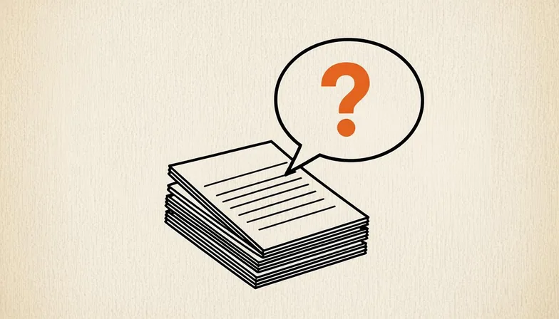 Ink illustration for Document Lab: a stack of documents with a speech bubble holding a burnt orange question mark