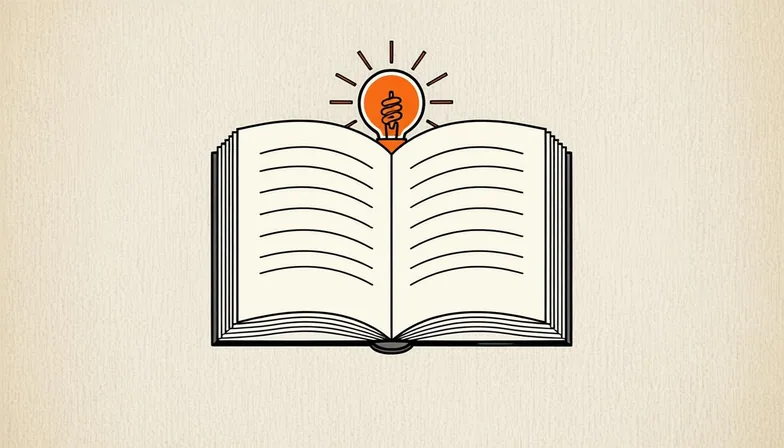 Ink illustration for Learning Lab: a lightbulb rising from an open book, its filament glowing burnt orange