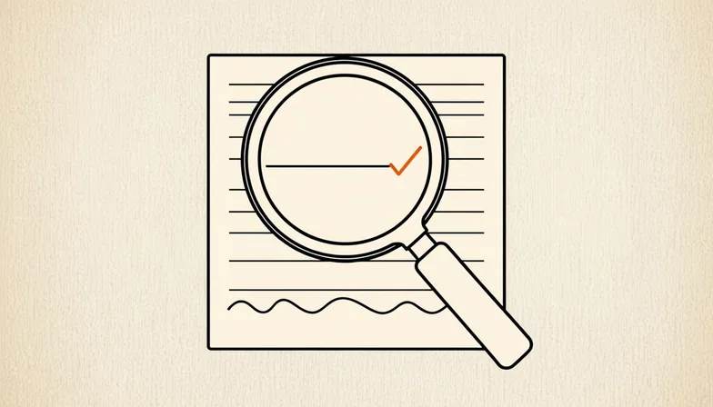 Ink illustration for Writing Lab: a magnifying glass over a page straightening a wavy line, checked in burnt orange